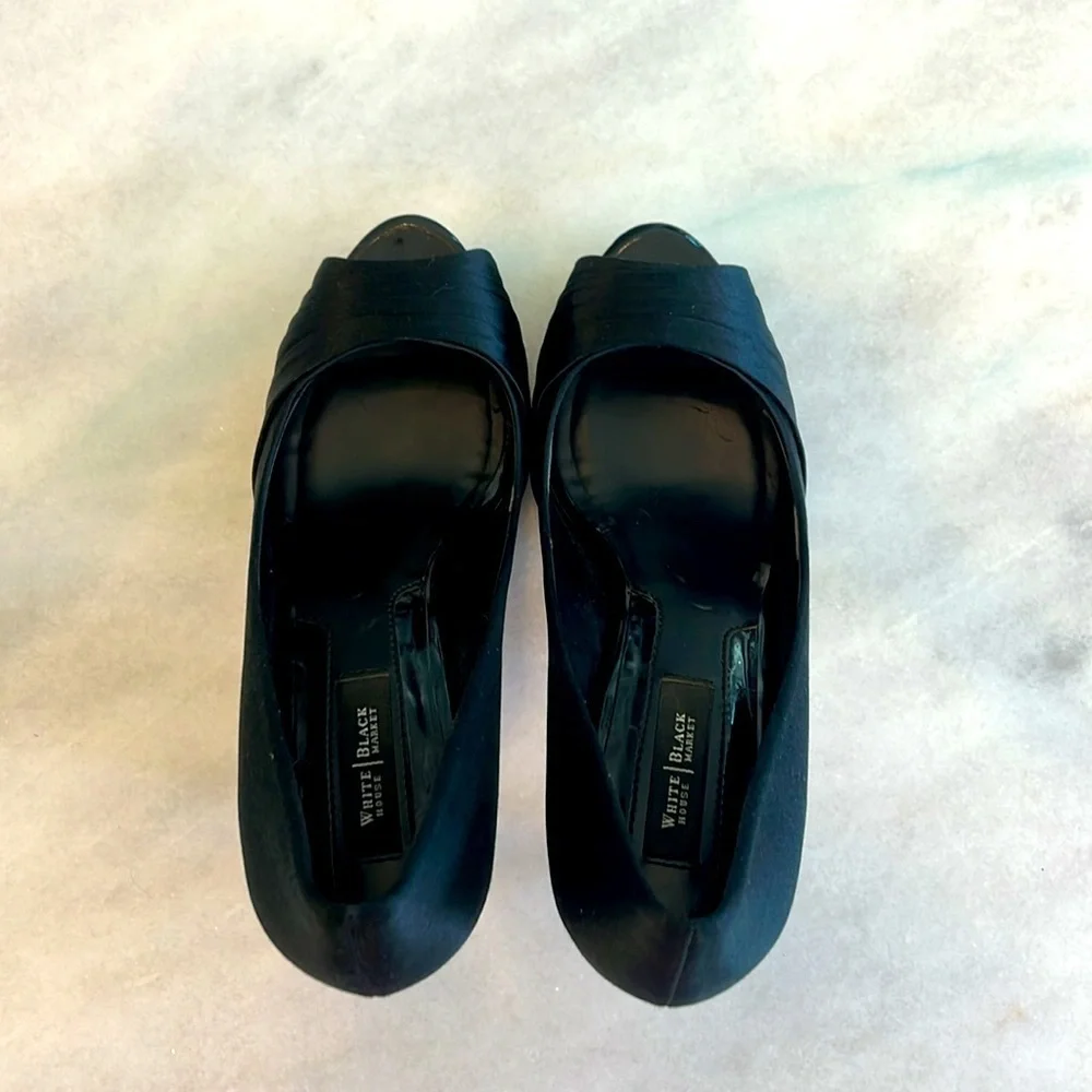 White House Black Market Women's Black Satin London Peep Toe Heels Size 6.5